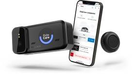 Ridecare companion cam, a smartphone showing the driver portal and the wireless SOS button